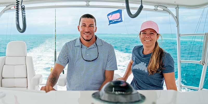 Captain Bruce Barron and Delphine at the helm of Panoply II