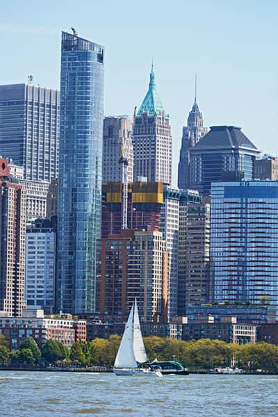 a view of new york city from the water